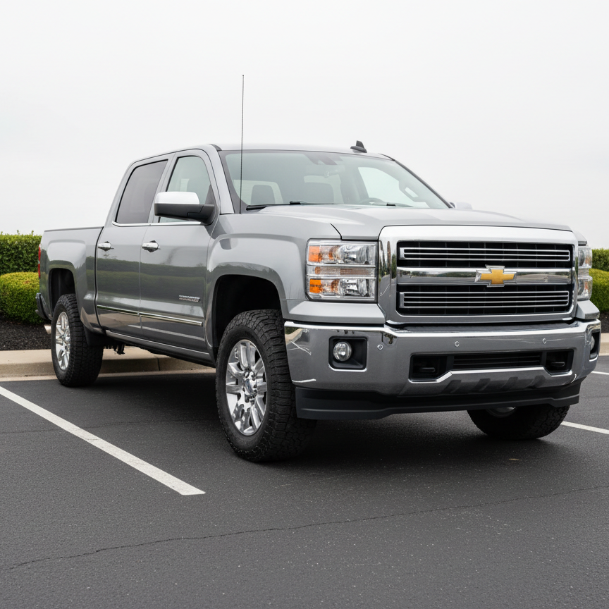 A gleaming late-model pickup truck in flawless metallic gray, featuring polished chrome accents on the grille and mirrors, and tires with crisp, deep treads. The truck is parked on a paved lot with clean painted lines and a neatly landscaped area of trimmed boxwood in the background. Neutral daylight under a softly overcast sky ensures even, shadowless illumination, subtly highlighting the truck's lines and contours. The mood is confident, professional, and trustworthy. The shot is taken from a low, slightly front three-quarters angle to accentuate the vehicle's strong presence, with balanced composition and a sharp focus on the truck. The photographic realism and pristine, structured layout reflect a modern corporate aesthetic, supporting the site's message of high-value, expertly negotiated automotive deals.