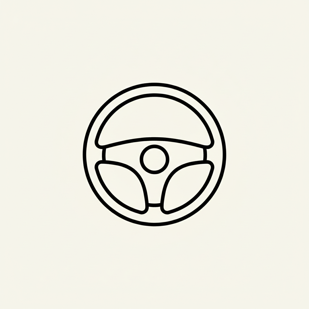 simple line icon of a steering wheel, flat, monochrome, on light background