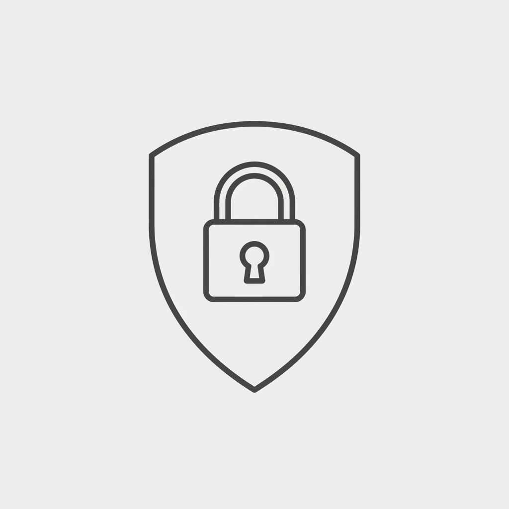 simple line icon of a security shield with a lock, flat, monochrome, on light background