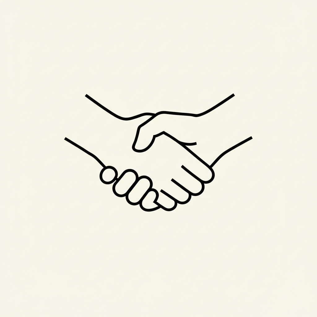 simple line icon of a handshake, flat, monochrome, on light background