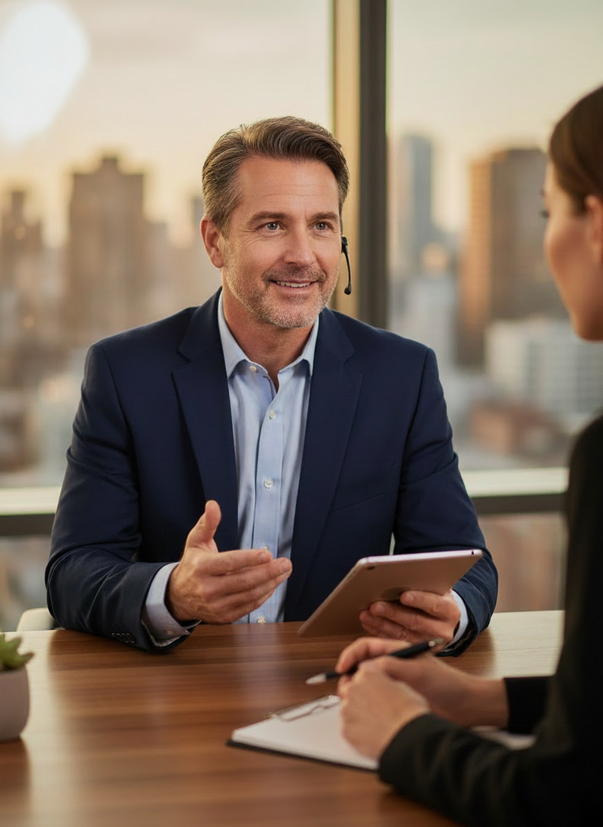 Edit this discovery call stock-style image to remove any visible logo or branding on clothing or objects, keeping the person and setting unchanged and natural-looking.