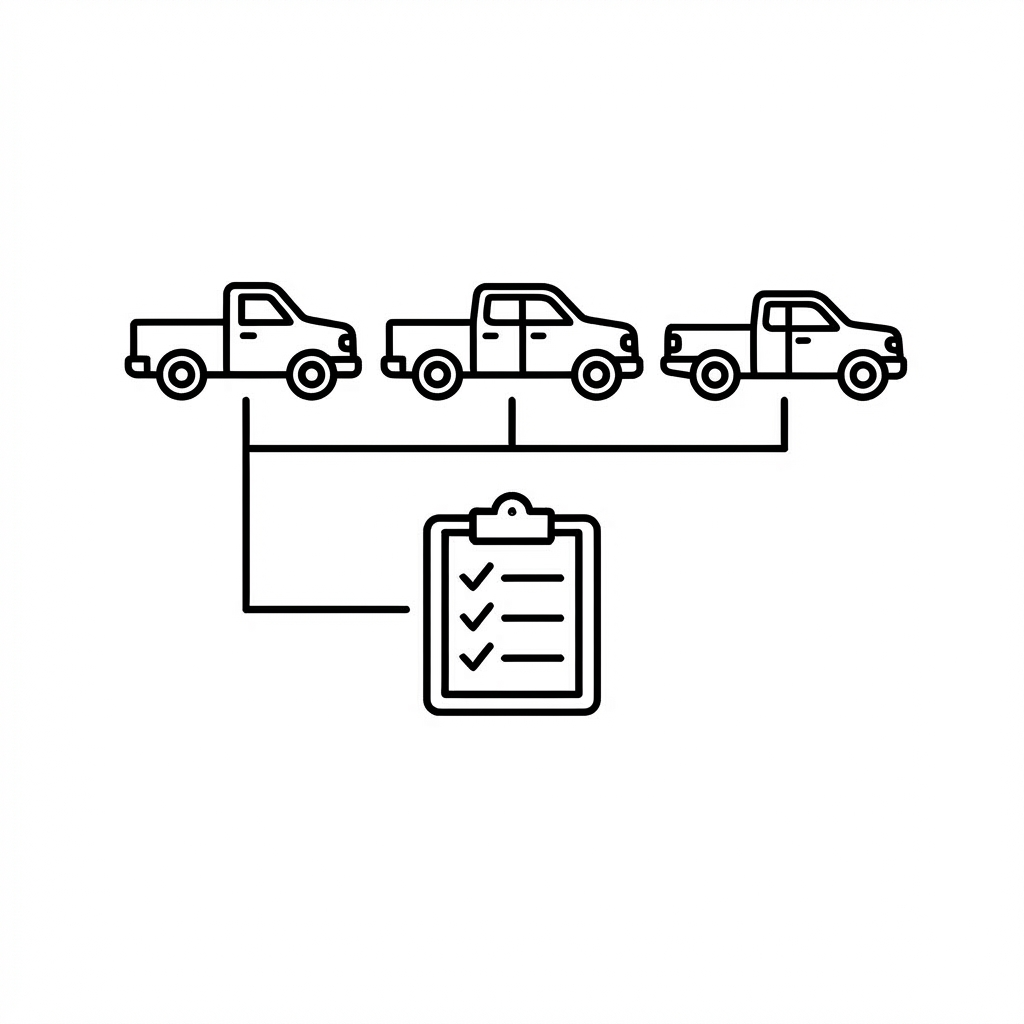 Line art icons of a car, truck, and van connected to a checklist labeled FLEET INSPECTION.