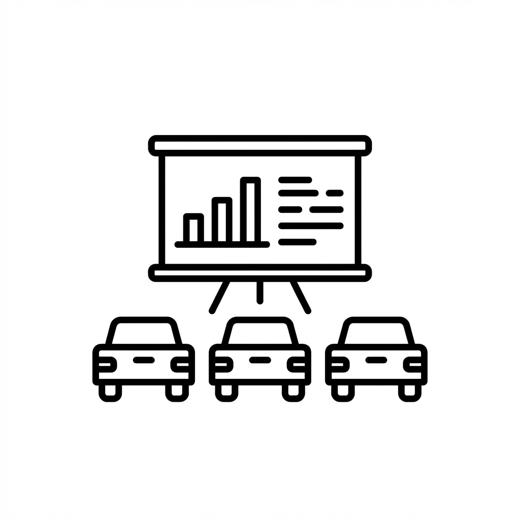Corporate event comparing modern pickup truck models A presenter stands before a sales chart and three pickup trucks at a corporate event.