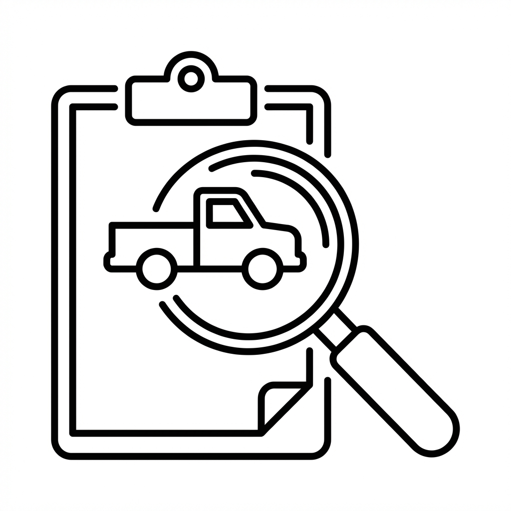 Line art icon of a magnifying glass over a truck on a clipboard.