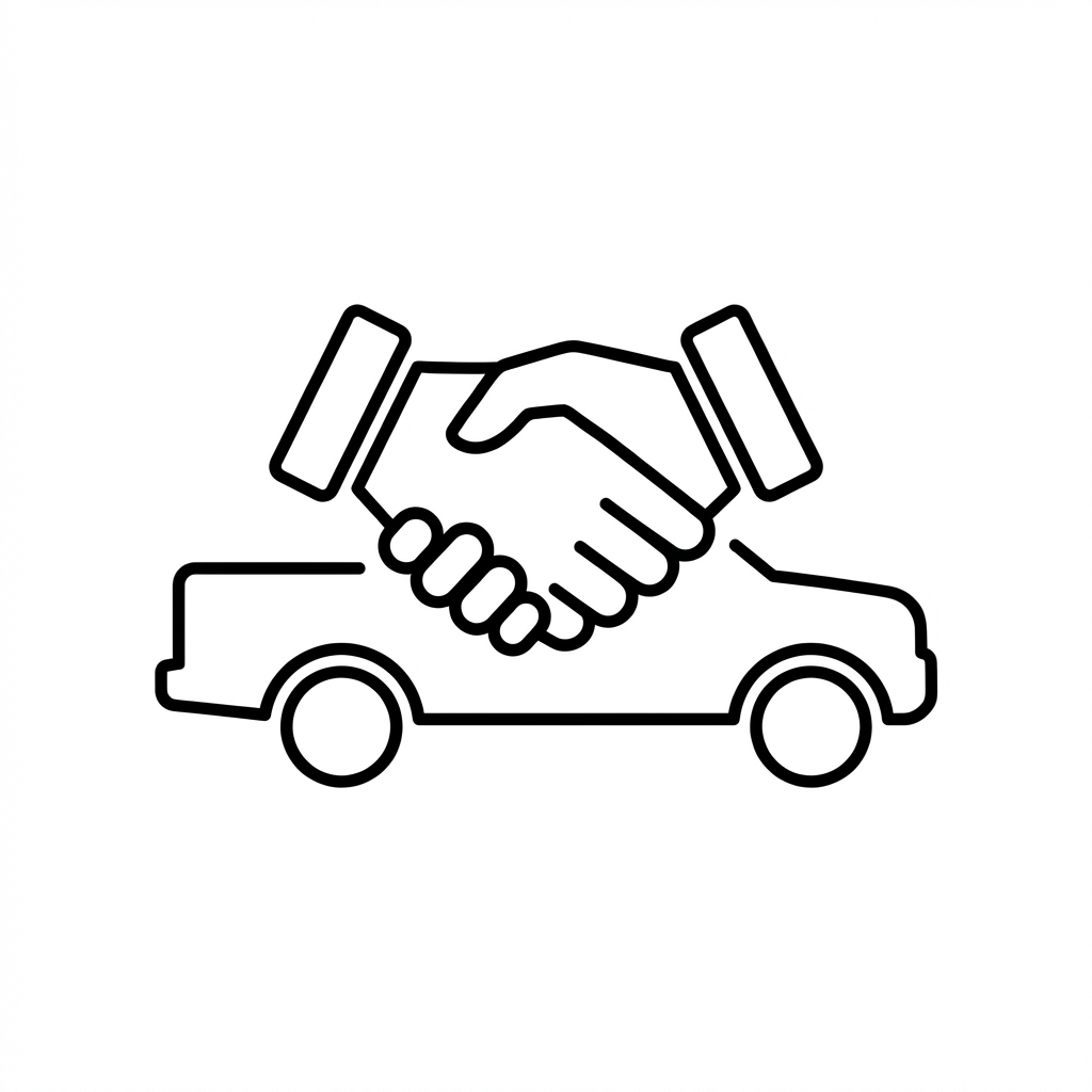 Handshake over a pickup truck icon representing a vehicle sale.
