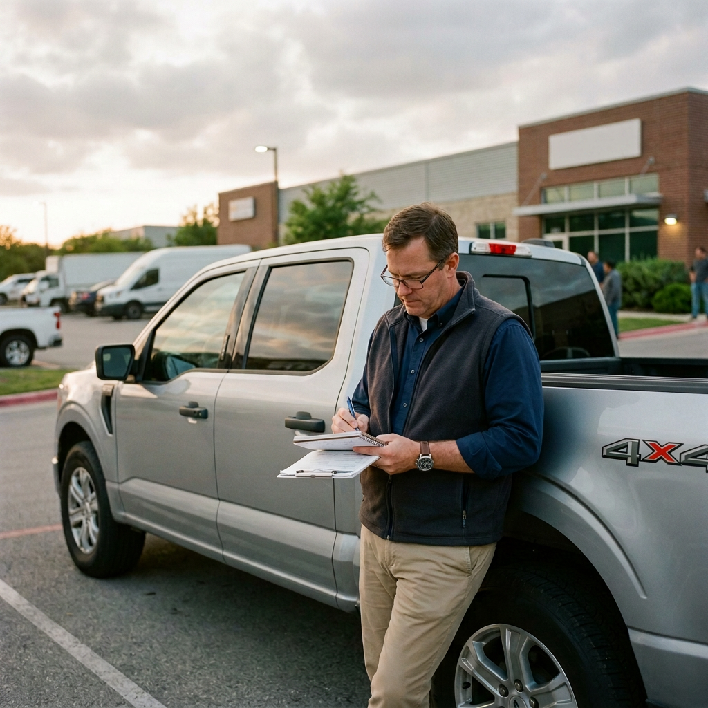 Vertex technician writing notes beside a pickup truck